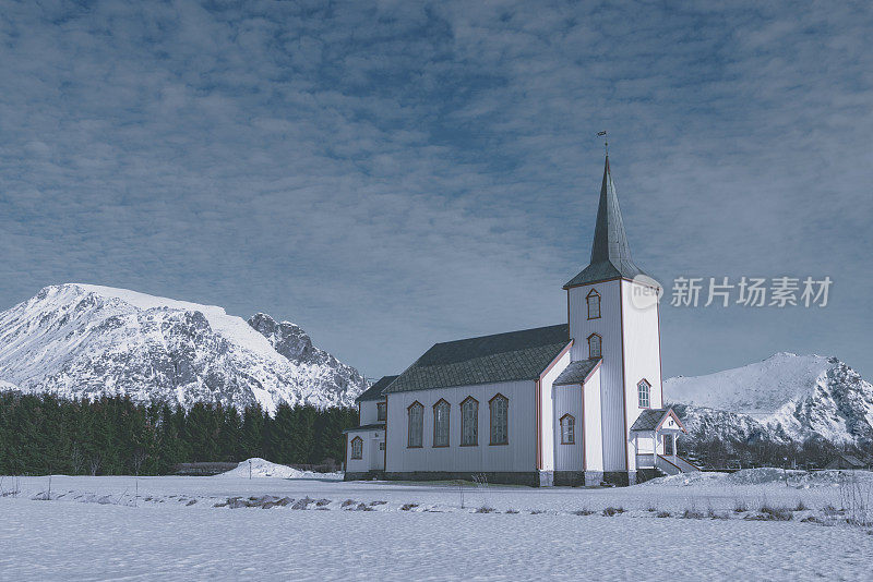 Valberg Church in Vestvågøy in the loften Archipelago in Norway during winter